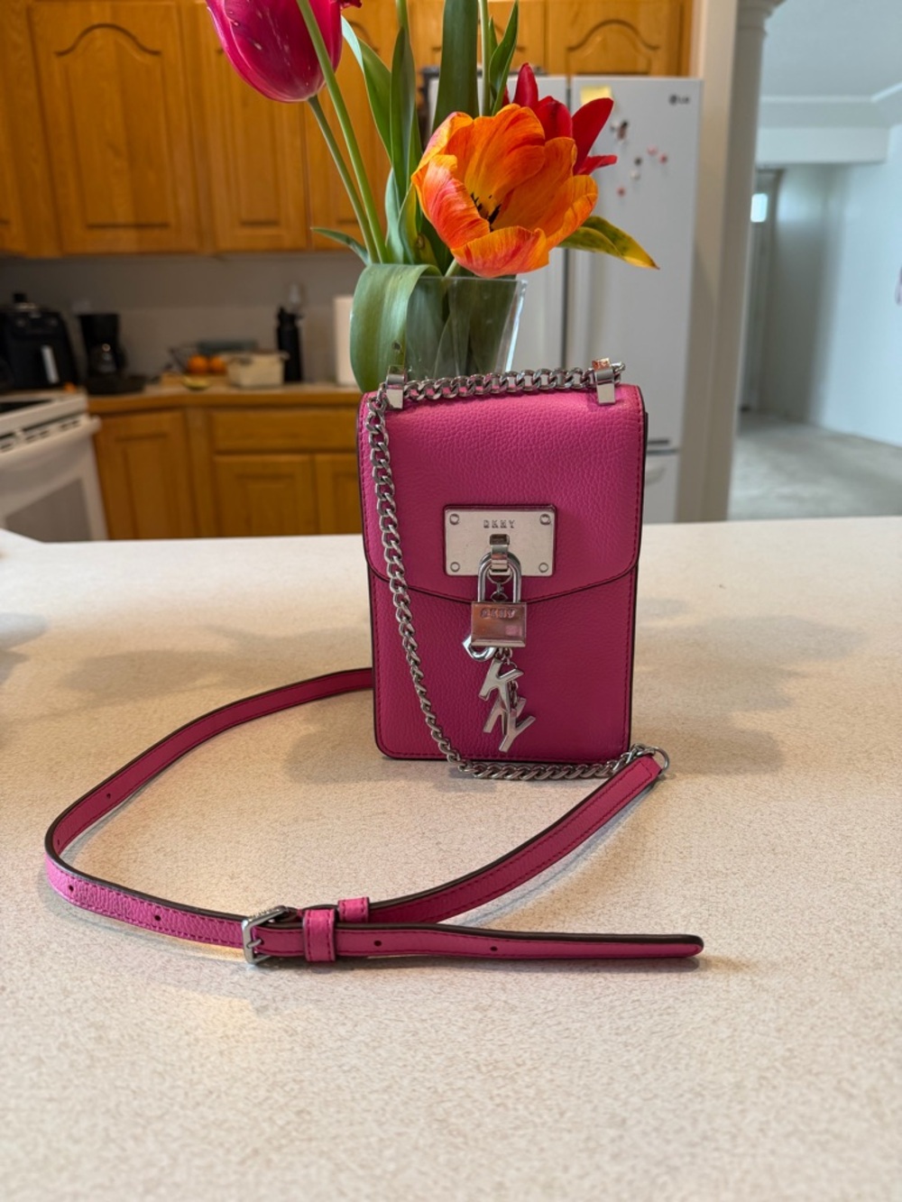 DKNY Hot Pink Leather Crossbody Phone Bag with Silver Hardware